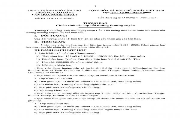 Thông báo chiêu sinh các lớp bồi dưỡng thường xuyên