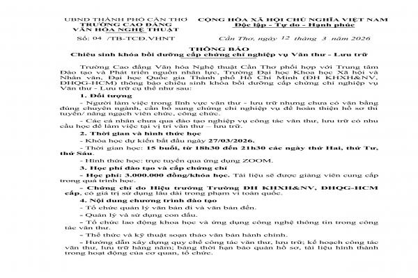 Thông báo chiêu sinh khóa bồi dưỡng cấp chứng chỉ nghiệp vụ Văn thư - Lưu trữ