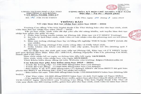 Thông báo làm thủ tục nhập học năm học 2025 - 2026