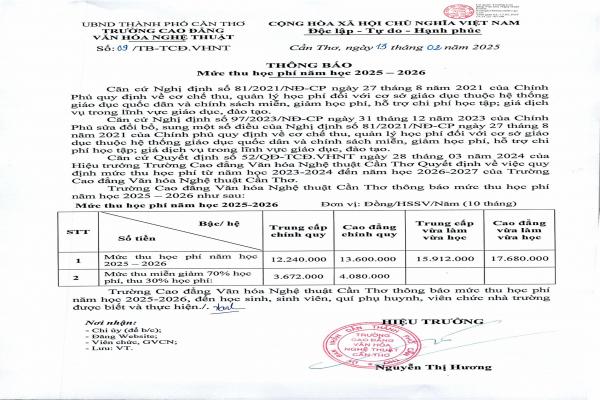 Thông báo mức thu học phí năm học 2025 - 2026