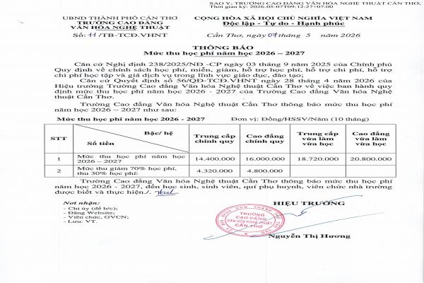 Thông báo mức thu học phí năm học 2026 - 2027