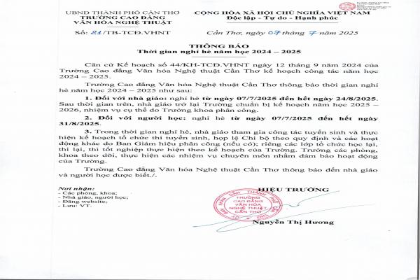 Thông báo nghỉ hè năm học 2024 - 2025