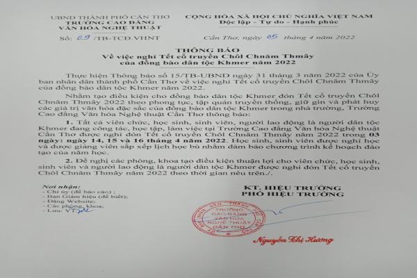 Thông báo nghỉ Tết cổ truyền Chôl Chnăm Thmây của đồng bào dân tộc Khmer năm 2022