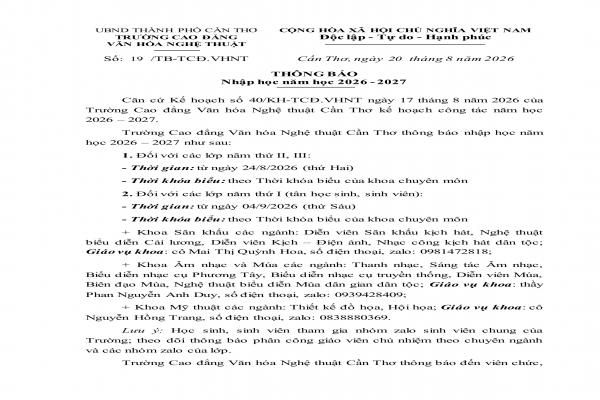 Thông báo nhập học năm học 2026 - 2027