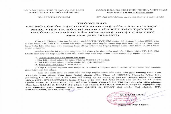 Thông báo ôn thi tuyển sinh đầu vào liên kết với Nhạc viện TP Hồ chí Minh