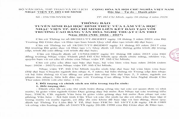 Thông báo tuyển sinh Đại học liên kết với Nhạc viện TP Hồ Chí Minh