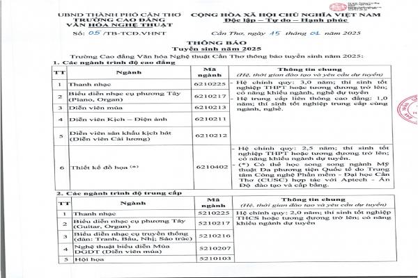 Thông báo tuyển sinh trung cấp, cao đẳng năm 2025