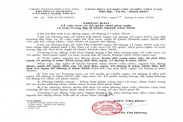 Thông báo về việc treo cờ Tổ quốc, thời gian nghỉ và trực trong dịp lễ Quốc khánh năm 2026